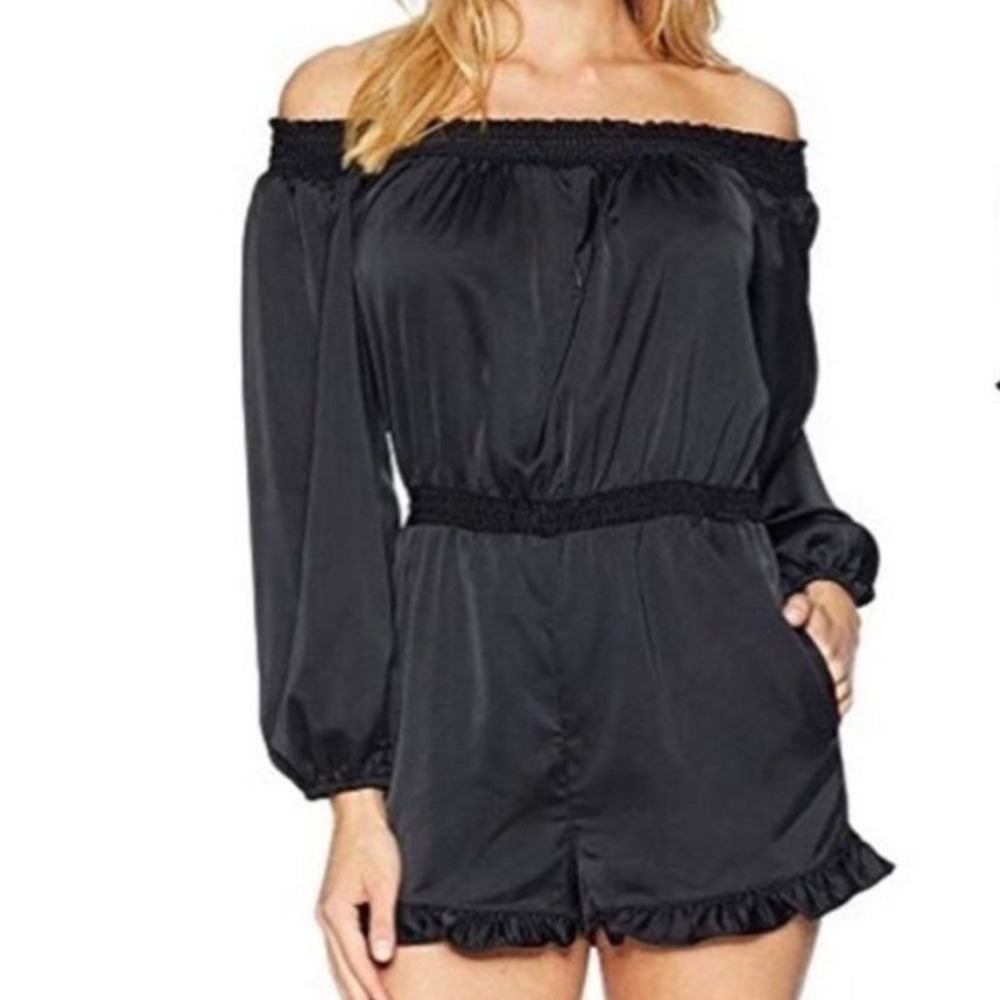 Bebe Off-the-Shoulder Satin Romper L Smocked Waist Black Satin‎ Ruffle Hem